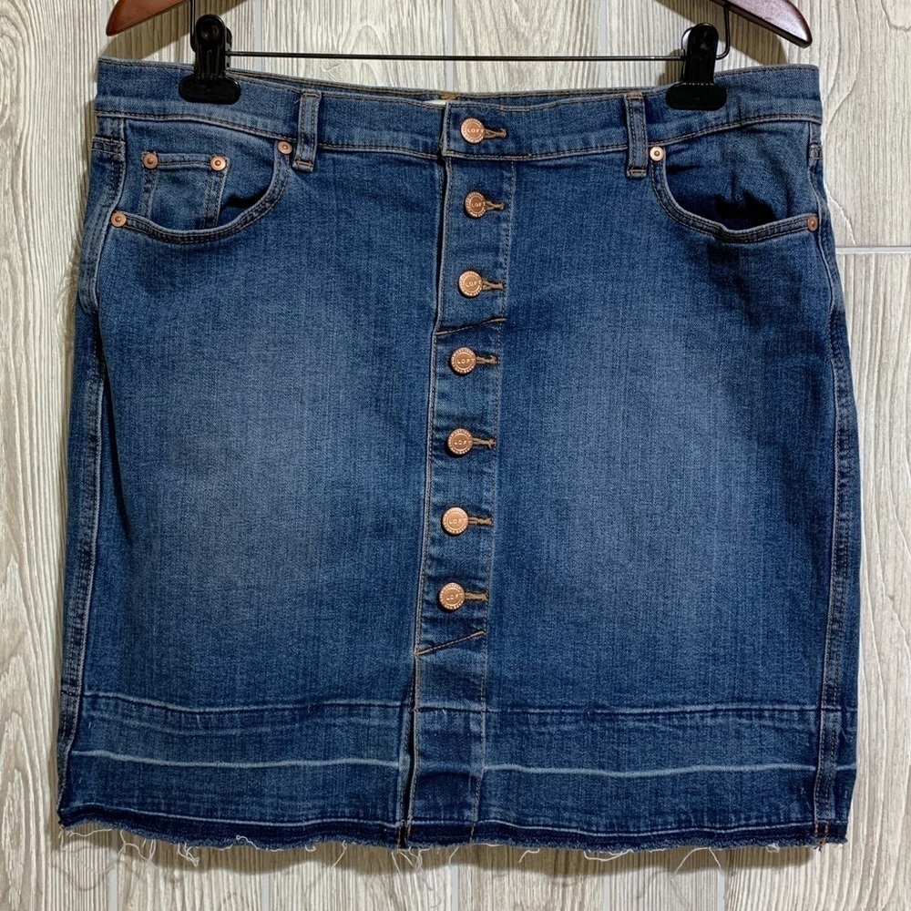 Loft Outlet Denim Faux Button Front Raw Edge Hem Mini Skirt Petite Size 14P